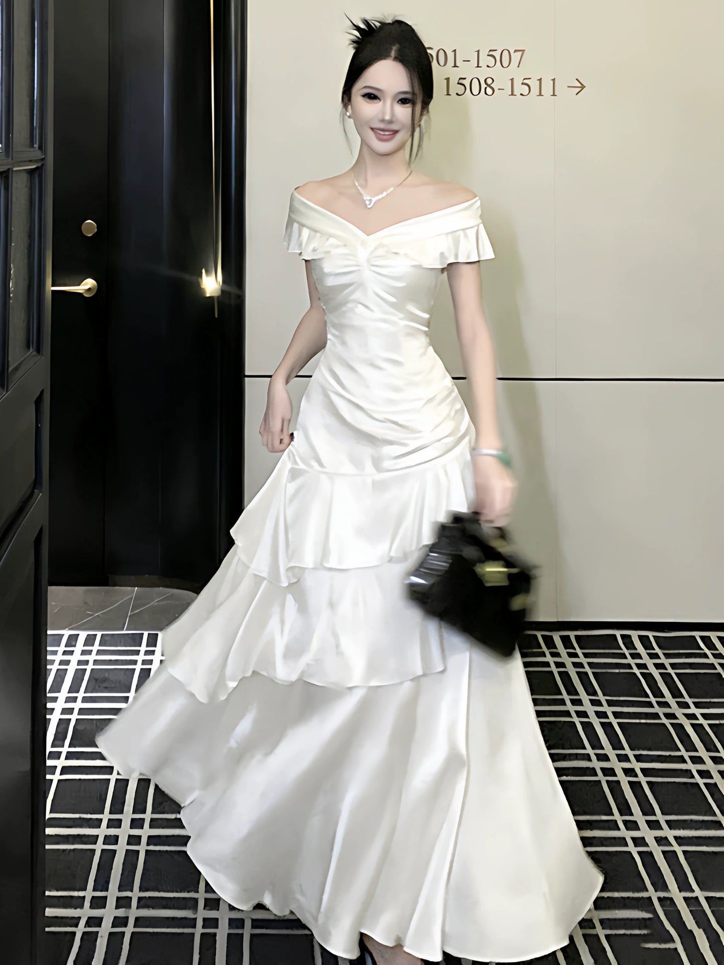 French Style Mermaid Off The Shoulder White Date With Ruffled Night Evening Outfit Formal Prom Dresses RB5401