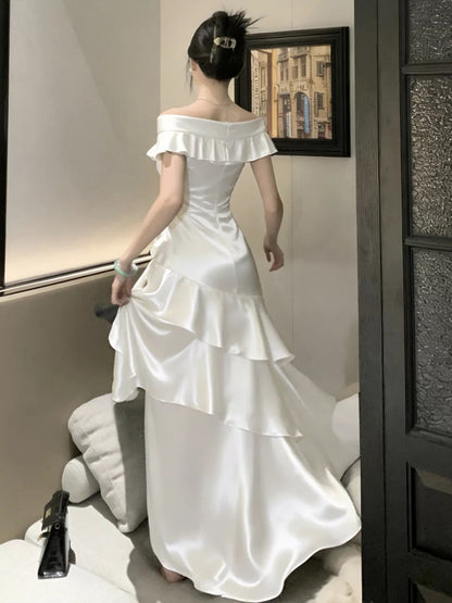 French Style Mermaid Off The Shoulder White Date With Ruffled Night Evening Outfit Formal Prom Dresses RB5401