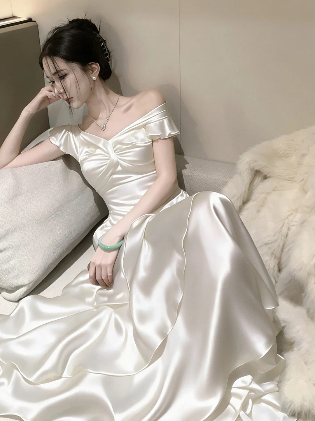 French Style Mermaid Off The Shoulder White Date With Ruffled Night Evening Outfit Formal Prom Dresses RB5401