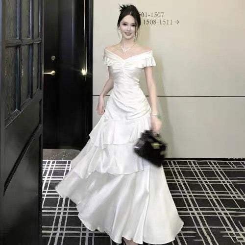 French Style Mermaid Off The Shoulder White Date With Ruffled Night Evening Outfit Formal Prom Dresses RB5401