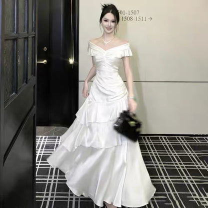 French Style Mermaid Off The Shoulder White Date With Ruffled Night Evening Outfit Formal Prom Dresses RB5401