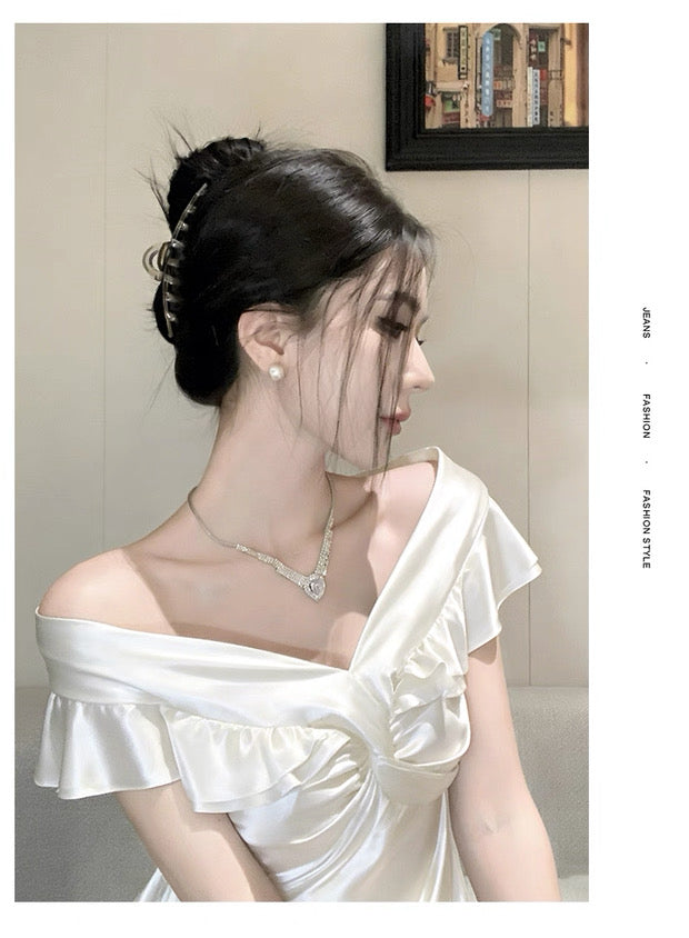 French Style Mermaid Off The Shoulder White Date With Ruffled Night Evening Outfit Formal Prom Dresses RB5401