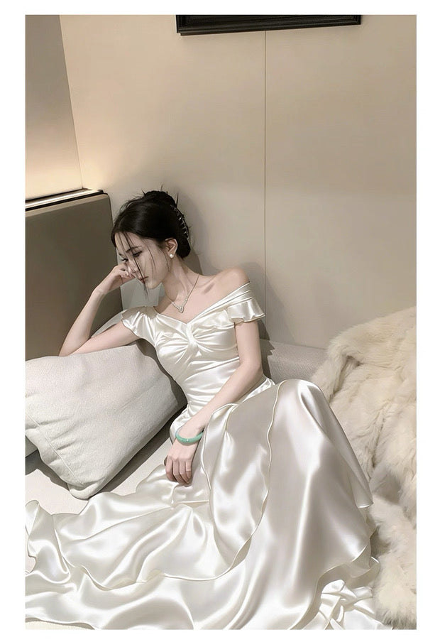 French Style Mermaid Off The Shoulder White Date With Ruffled Night Evening Outfit Formal Prom Dresses RB5401