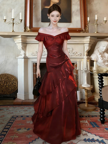 Sexy Mermaid Off The Shoulder Burgundy With Ruffled Date Night Outfits Long Formal Evening Wedding Guest Dresses RB5402