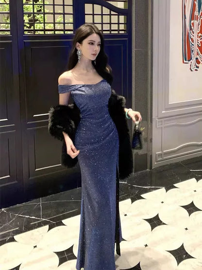 French Style Mermaid Off The Shoulder Navy Blue Slit Date With Slit Night Evening Outfit Formal Prom Dresses RB5404