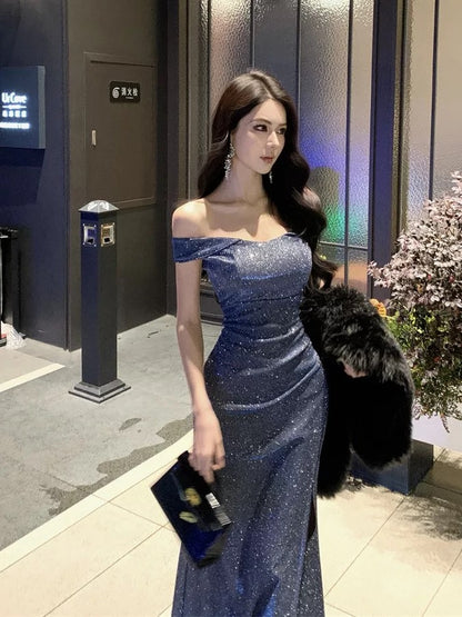French Style Mermaid Off The Shoulder Navy Blue Slit Date With Slit Night Evening Outfit Formal Prom Dresses RB5404