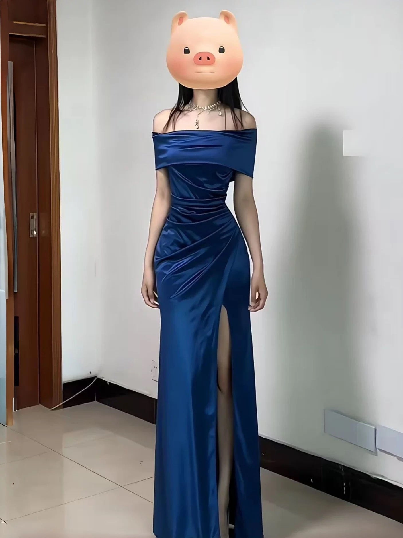 French Style Mermaid Off The Shoulder Navy Blue Date With Slit Night Evening Outfit Formal Prom Dresses RB5405