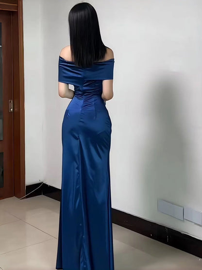 French Style Mermaid Off The Shoulder Navy Blue Date With Slit Night Evening Outfit Formal Prom Dresses RB5405