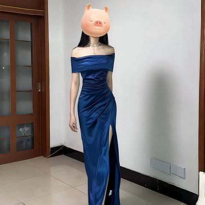 French Style Mermaid Off The Shoulder Navy Blue Date With Slit Night Evening Outfit Formal Prom Dresses RB5405
