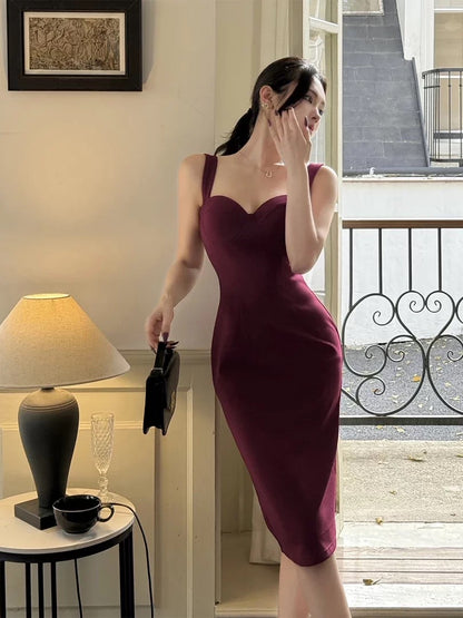 French Style Sheath Sweetheart Burgundy Date Midi Length Night Evening Outfit Formal Prom Dresses RB5406
