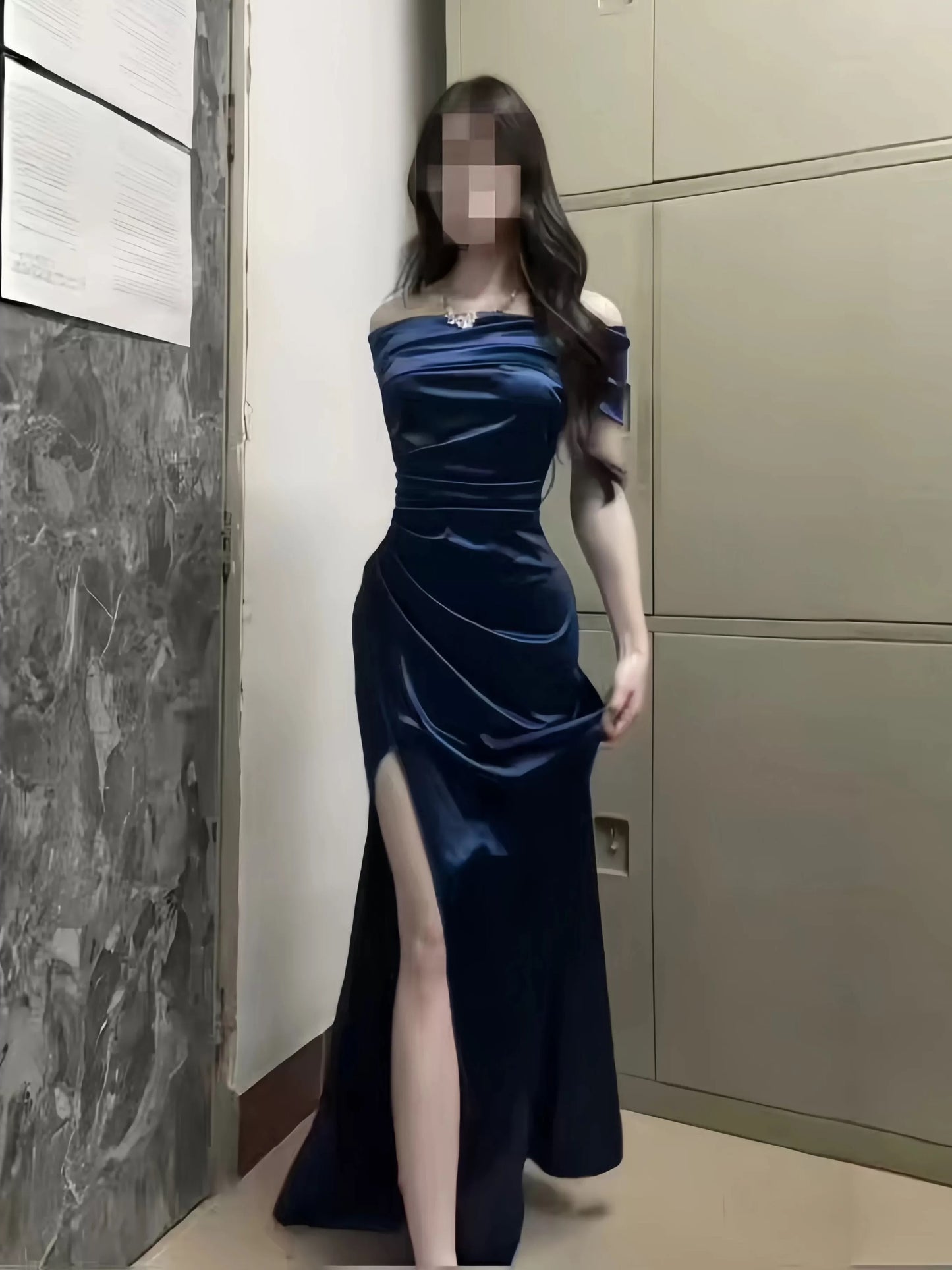 Sexy Mermaid Off The Shoulder Navy Blue Date With Slit Night Evening Outfit Formal Prom Dresses RB5407