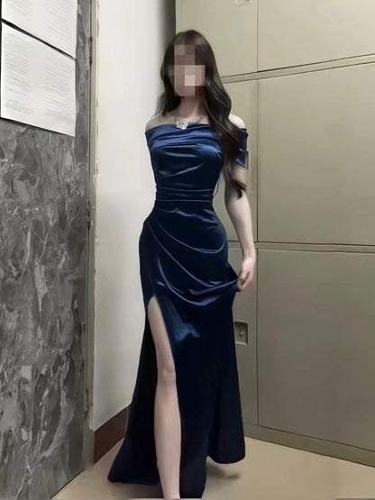 Sexy Mermaid Off The Shoulder Navy Blue Date With Slit Night Evening Outfit Formal Prom Dresses RB5407