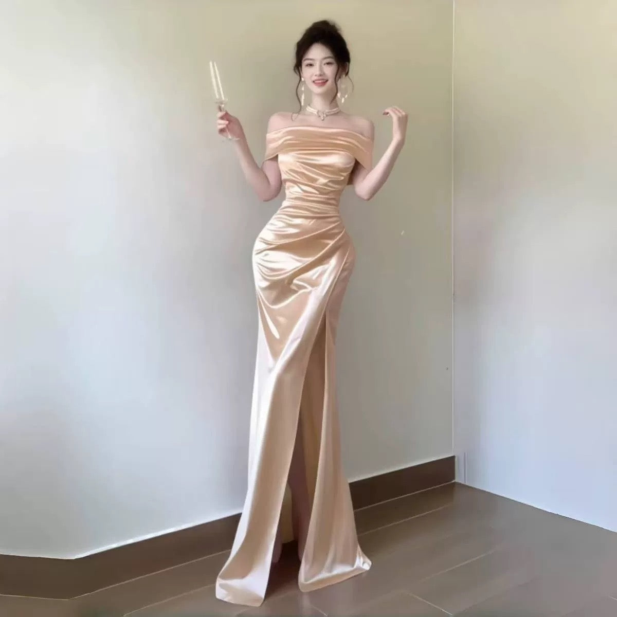 Sexy Mermaid Off The Shoulder Navy Blue Date With Slit Night Evening Outfit Formal Prom Dresses RB5407