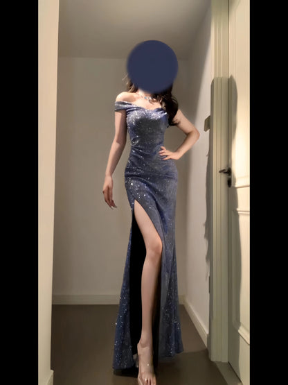 Sexy Mermaid Off The Shoulder Navy Blue With Split Date Night Outfits Long Formal Evening Wedding Guest Dress RB5408