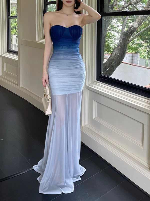 French Style Mermaid Strapless Gradient Blue Colors Chiffon Date With Ruffled Night Evening Outfit Formal Prom Dresses RB5409