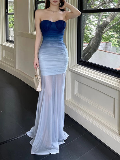 French Style Mermaid Strapless Gradient Blue Colors Chiffon Date With Ruffled Night Evening Outfit Formal Prom Dresses RB5409
