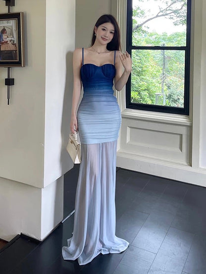French Style Mermaid Strapless Gradient Blue Colors Chiffon Date With Ruffled Night Evening Outfit Formal Prom Dresses RB5409