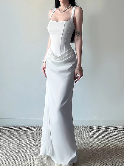 French Style Mermaid Square Neck White Satin Date Floor Length Night Evening Outfit Formal Prom Dresses RB5410