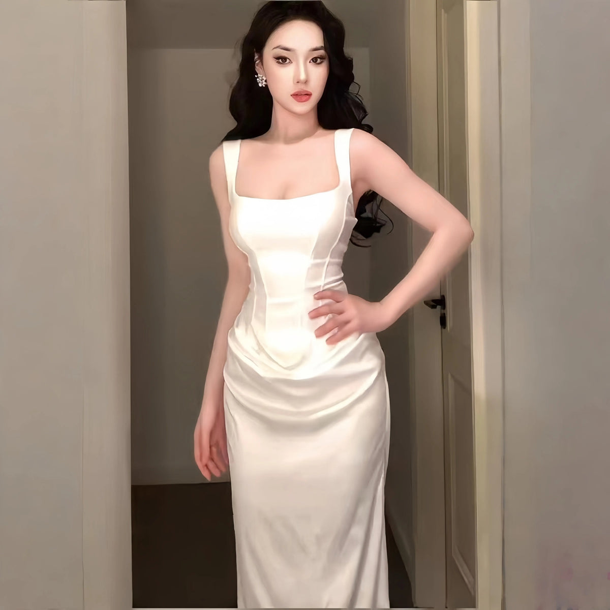Stunning Mermaid Square Neck White Satin Date With Ruffled Night Evening Outfit Formal Prom Dresses RB5412