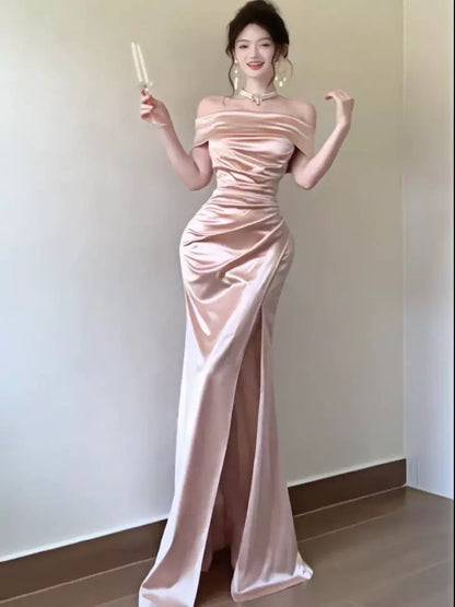Stunning Mermaid Off The Shoulder Pink Satin Date With Ruffled Night Evening Outfit Formal Prom Dresses RB5411