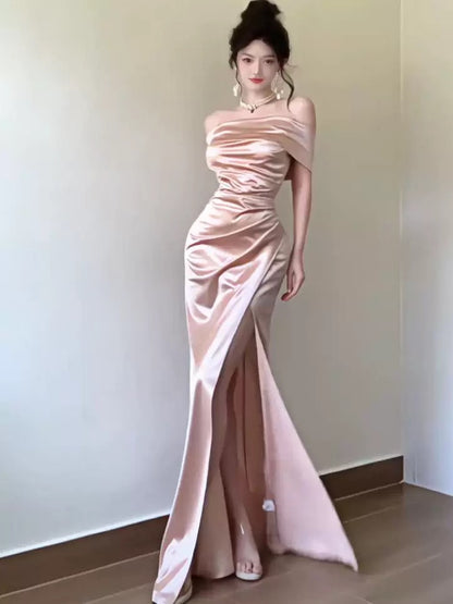 Stunning Mermaid Off The Shoulder Pink Satin Date With Ruffled Night Evening Outfit Formal Prom Dresses RB5411