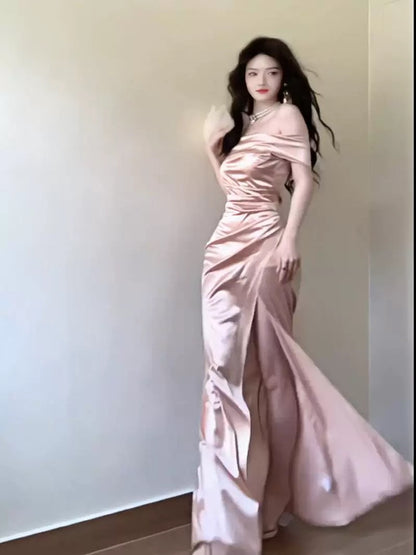 Stunning Mermaid Off The Shoulder Pink Satin Date With Ruffled Night Evening Outfit Formal Prom Dresses RB5411