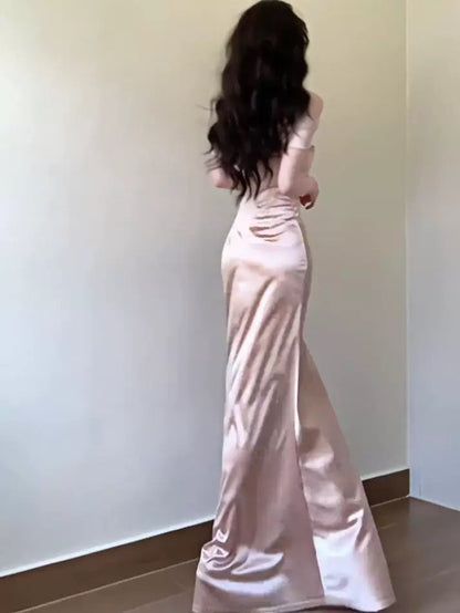 Stunning Mermaid Off The Shoulder Pink Satin Date With Ruffled Night Evening Outfit Formal Prom Dresses RB5411