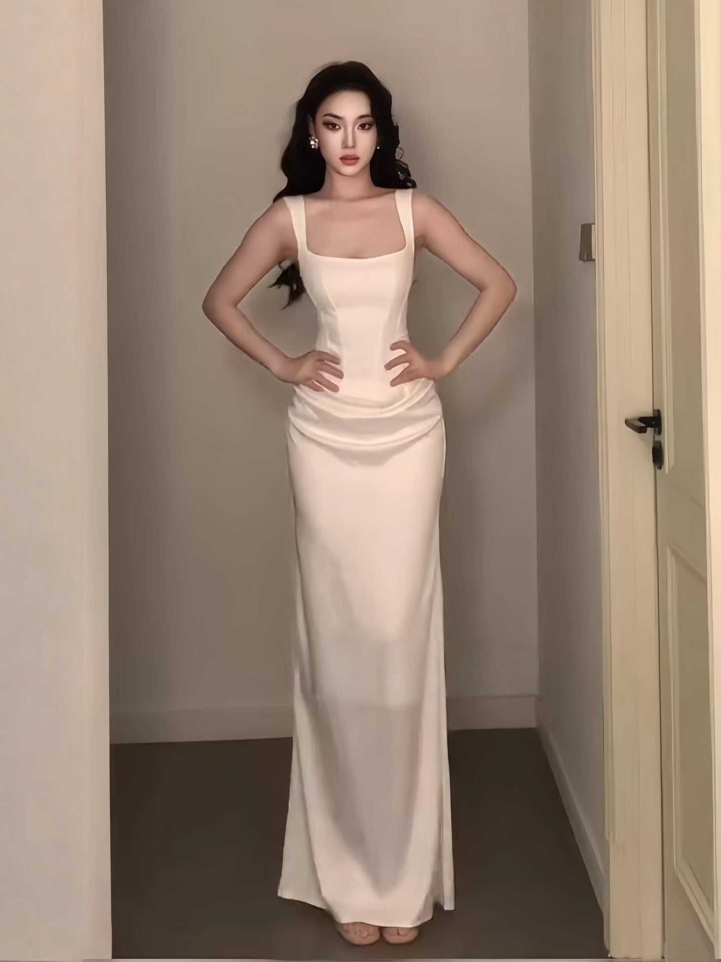 Stunning Mermaid Square Neck White Satin Date With Ruffled Night Evening Outfit Formal Prom Dresses RB5412