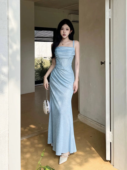 Sparkly Mermaid Spaghetti Strap Blue Sequin Date With Ruffled Night Evening Outfit Formal Prom Dresses RB5413