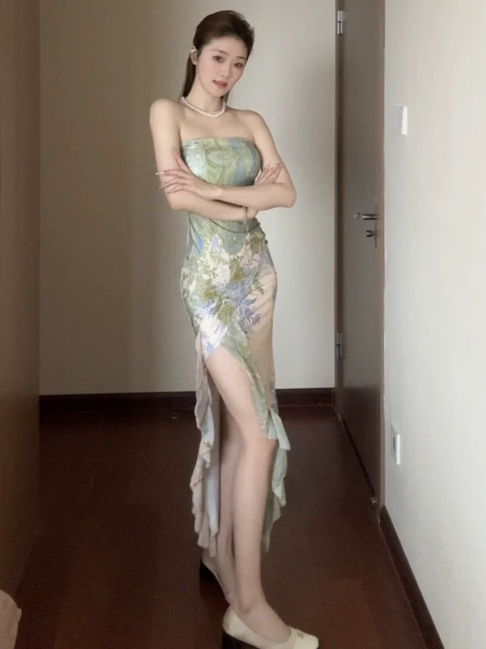 Sexy Mermaid Strapless Floral Midi Length Date With Slit Night Evening Outfit Formal Prom Dresses RB5414