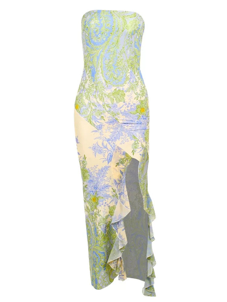 Sexy Mermaid Strapless Floral Midi Length Date With Slit Night Evening Outfit Formal Prom Dresses RB5414