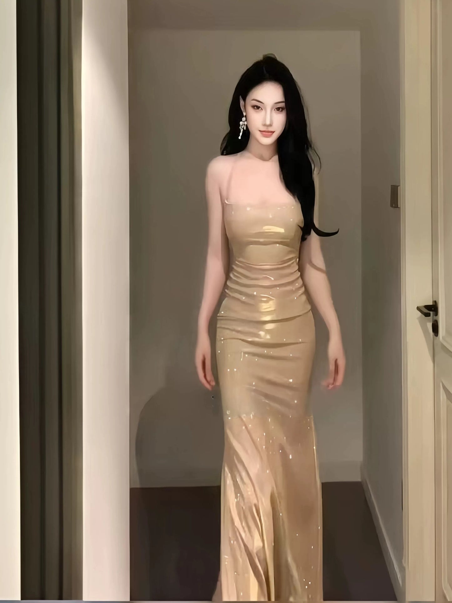 Classy Mermaid Spaghetti Strap Gold Sequin With Backless Date Night Outfits Floor Length Formal Prom Gown Evening Dresses RB5610
