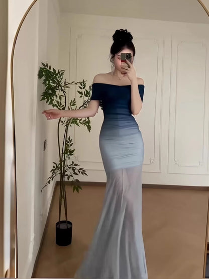 Sexy Mermaid Off The Shoulder Gradient Blue Colors Chiffon Date Night Evening Outfit Formal Prom Dresses RB5416