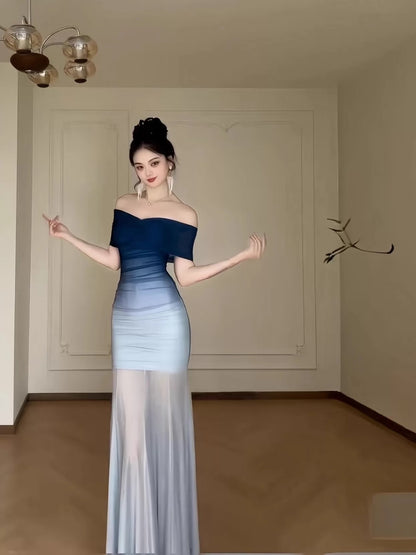 Classy Mermaid Off The Shoulder Gradient Blue Color Date Night Outfits Floor Length Formal Birthday Gown Evening Dresses RB5611