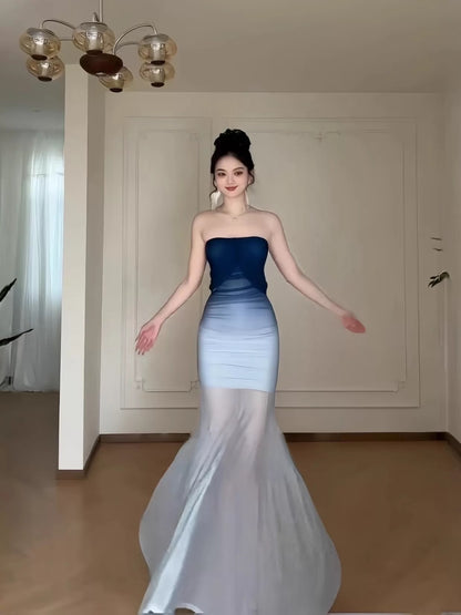 Classy Mermaid Off The Shoulder Gradient Blue Color Date Night Outfits Floor Length Formal Birthday Gown Evening Dresses RB5611
