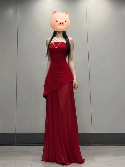 Stunning A Line Strapless Red Chiffon With Slit Date Night Birthday Outfit Formal Wedding Guest Dresses For Women RB5612