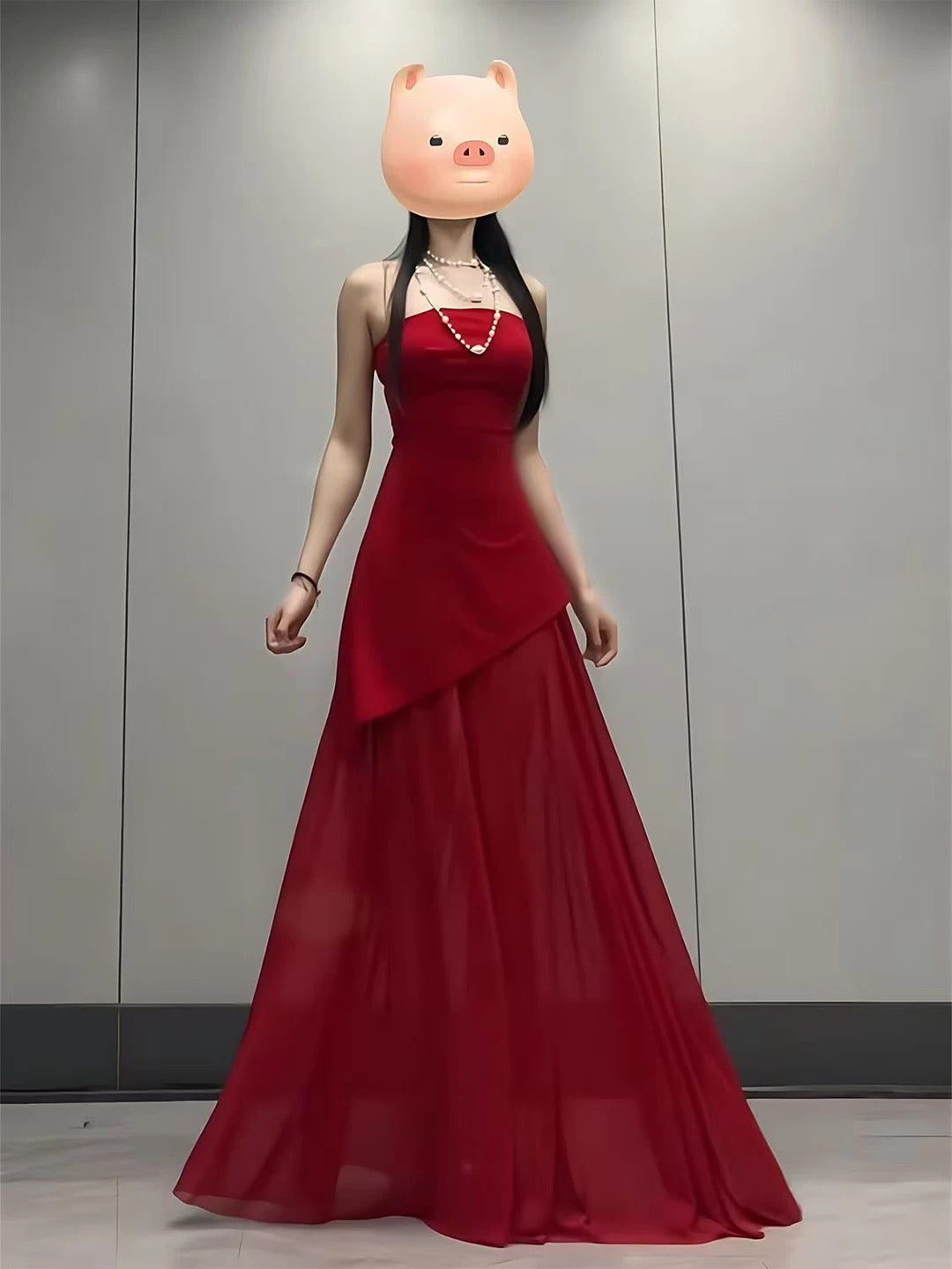 French Style A Line Strapless Red Chiffon With Slit Date Floor Length Night Evening Outfit Formal Prom Dresses RB5419
