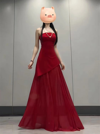 French Style A Line Strapless Red Chiffon With Slit Date Floor Length Night Evening Outfit Formal Prom Dresses RB5419