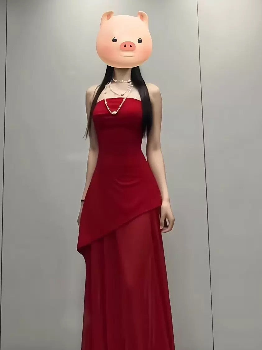 French Style A Line Strapless Red Chiffon With Slit Date Floor Length Night Evening Outfit Formal Prom Dresses RB5419