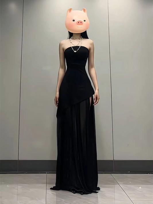 French Style A Line Strapless Red Chiffon With Slit Date Floor Length Night Evening Outfit Formal Prom Dresses RB5419