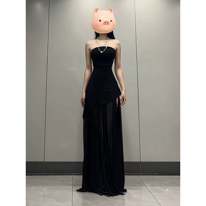 French Style A Line Strapless Red Chiffon With Slit Date Floor Length Night Evening Outfit Formal Prom Dresses RB5419