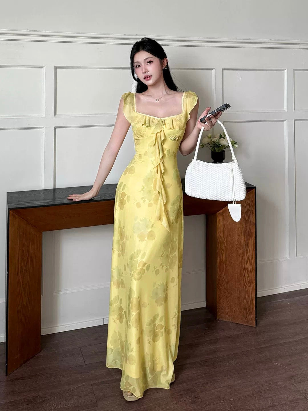 Glamorous Mermaid Square Neck Yellow Chiffon Date Night Outfits Formal 18th Birthday Gown Evening Dresses RB5616