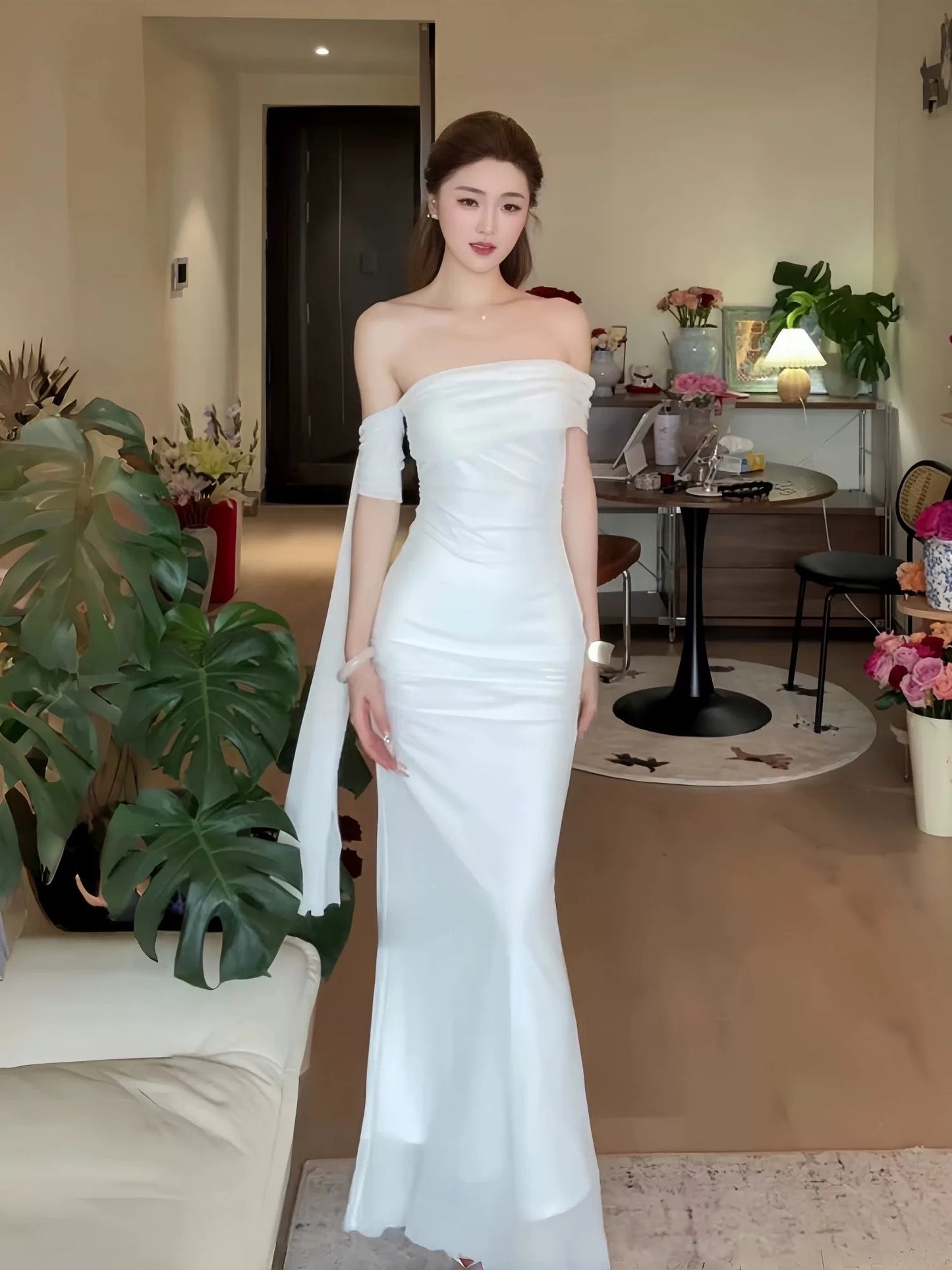 Modest Mermaid Off The Shoulder White With Ruffled Long Cruise Ship Formal Night Evening Dresses 18th Birthday Outfits RB5618