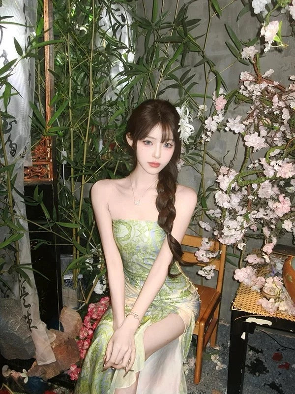 Classy Mermaid Strapless Green Floral With Split Date Night Outfits Ankle Length Formal Prom Gown Birthday Dresses RB5621