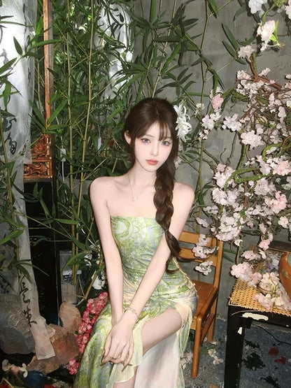Classy Mermaid Strapless Green Floral With Split Date Night Outfits Ankle Length Formal Prom Gown Birthday Dresses RB5621