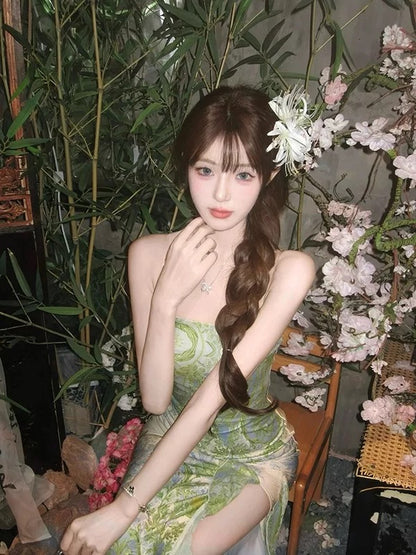 Classy Mermaid Strapless Green Floral With Split Date Night Outfits Ankle Length Formal Prom Gown Birthday Dresses RB5621