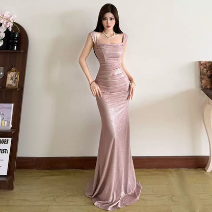 Classy Mermaid Square Neck Pink Sequin Date Night Outfits Floor Length Formal Prom Gown Birthday Dresses RB5622