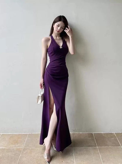 Simple Mermaid Halter Grape Slit Satin Date Floor Length Night Evening Outfit Formal Prom Dresses RB5620