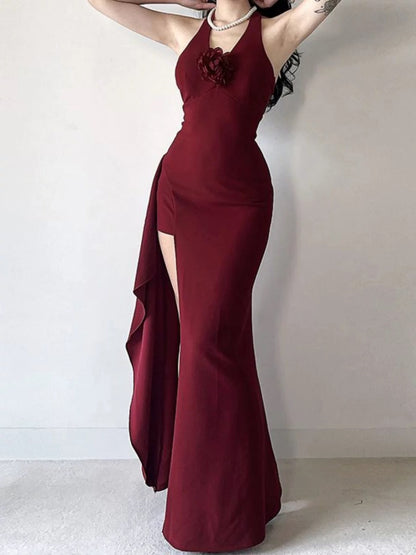 Simple Mermaid Halter Burgundy Slit Satin Date Floor Length Night Evening Outfit Formal Prom Dresses RB5622