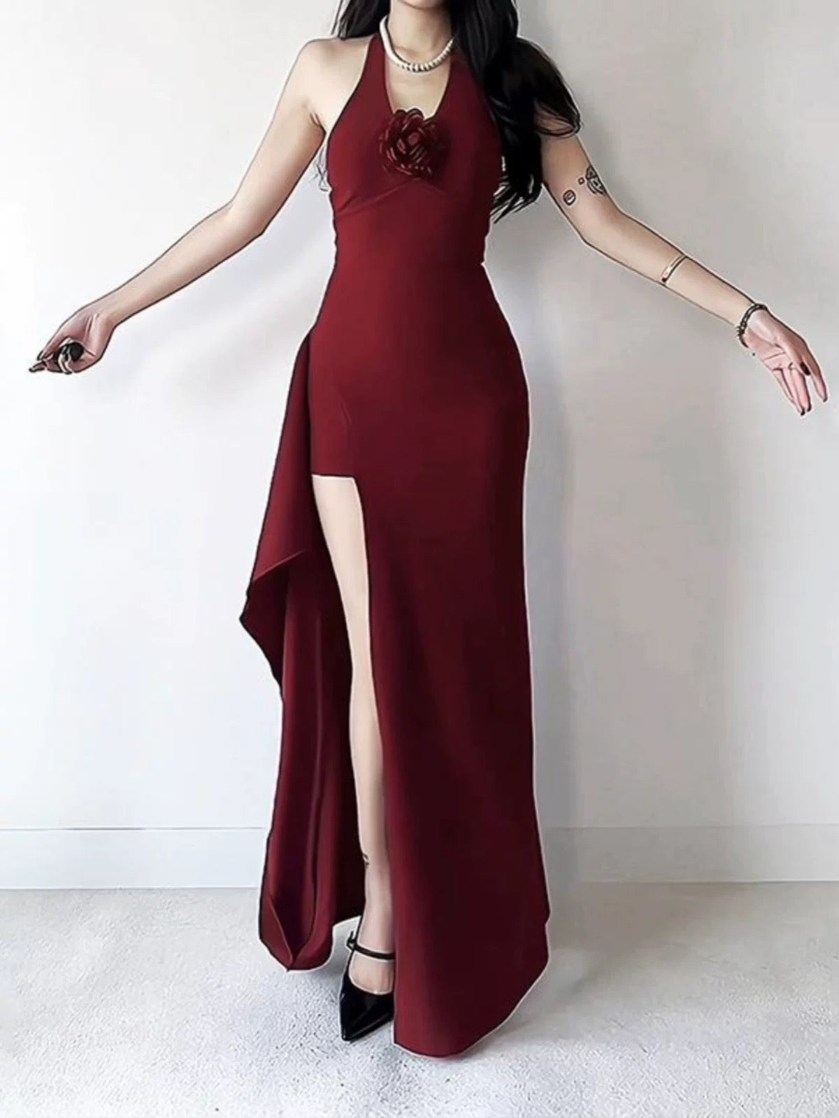 Simple Mermaid Halter Burgundy Slit Satin Date Floor Length Night Evening Outfit Formal Prom Dresses RB5622